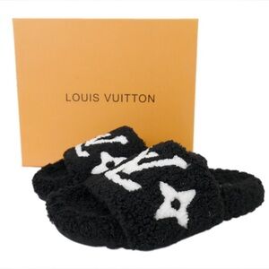 Louis Vuitton Black and White Fuzzy Slippers